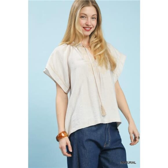 Umgee Embroidered Boho Blouse with Tassel Tie - Picture 2 of 5